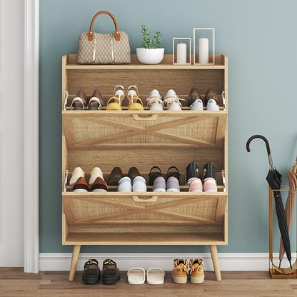 Shoe Storage Cabinet with 2 Rattan Flip Drawers, Freestanding Shoe Rack Organizer for Entryway, Narrow Hidden Slim Shoe Cabinet for Foyer,Hallway, Natural