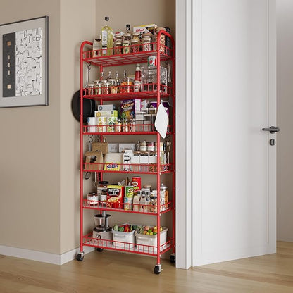 Slim Rolling Storage Cart, 6 Tier Metal Kitchen Rolling Utility Cart with Lockable Wheels for Kitchen, Bathroom, Laundry Room, Small Narrow Spaces (Red 10 Inches)