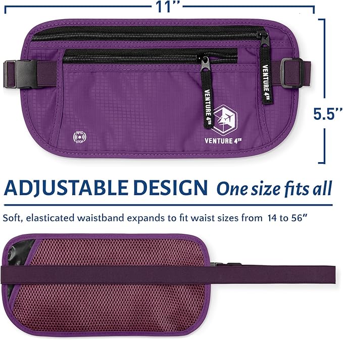 VENTURE 4TH Money Belt for Travel – Hidden Under-Clothes RFID Blocking Passport Holder & Slim Travel Wallet Pouch for Men & Women to Protect Cash, Cards & Documents (Purple)