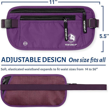 VENTURE 4TH Money Belt for Travel – Hidden Under-Clothes RFID Blocking Passport Holder & Slim Travel Wallet Pouch for Men & Women to Protect Cash, Cards & Documents (Purple)