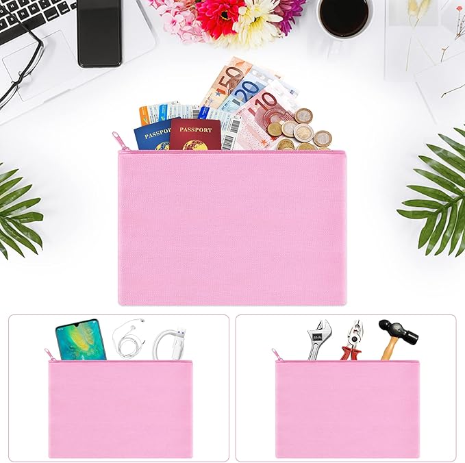 12 Pieces Cotton Canvas Makeup Bag, Multipurpose Cosmetic Bag with Zipper Travel Toiletry Pouch, Blank DIY Craft Bag (Pink, XL)