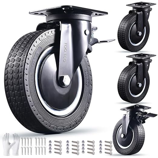 Heavy Duty 8 Inch Caster Wheels Set of 4 Industrial Swivel Locking Casters with Brake 3200 Lbs Load Capacity Rubber Wheels for Cart, Furniture, Workbench Outdoor Black Castors, Includes Bolts & Screws
