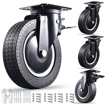 Heavy Duty 8 Inch Caster Wheels Set of 4 Industrial Swivel Locking Casters with Brake 3200 Lbs Load Capacity Rubber Wheels for Cart, Furniture, Workbench Outdoor Black Castors, Includes Bolts & Screws
