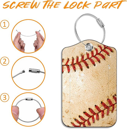 Luggage Tags for Suitcase Baseball 2 PCS Leather Travel Luggage Tag with Stainless Steel Loop Name ID Label Privacy Cover for Women Men Travel