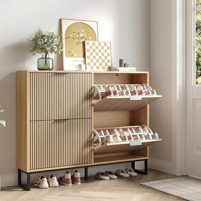 Shoe Cabinet with 4 Flip Drawers, Narrow Wood Shoe Cabinet Storage for Entryway, Freestanding Hidden Shoe Organizer Rack Cabinet for Hallway
