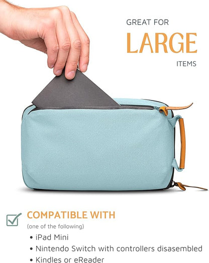 Tech Bag Organizer - Small Electronics Organizer Pouch for Travel - Premium Travel Case with Leather Accents - Mesh Pocket for Cables, Cords and Chargers (Dusty Teal)