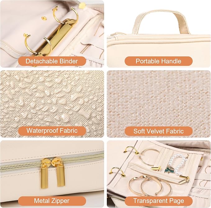 Travel Jewelry Case Organizer for Women, Jewelry Storage Book with Small Pouch, Travel Jewelry Bag Case for Traveling Necklace, Earrings, Rings, Bracelet Organizer (Beige)
