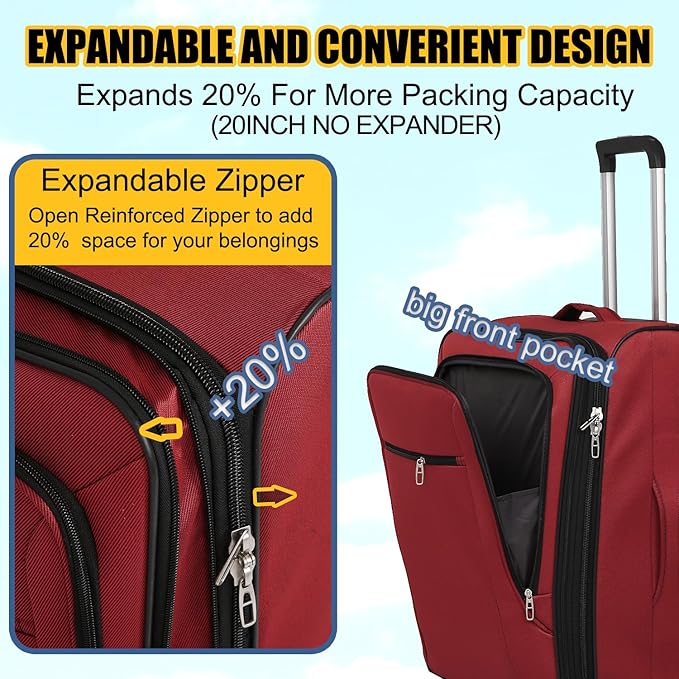 3pcs Set Softside Luggage Sets With Spinner Wheels, Expandable Softshell Suitcase Set with front pocket, 28inch, 24inch, 20inch Lightweight fabric luggage(RED)