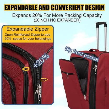 3pcs Set Softside Luggage Sets With Spinner Wheels, Expandable Softshell Suitcase Set with front pocket, 28inch, 24inch, 20inch Lightweight fabric luggage(RED)