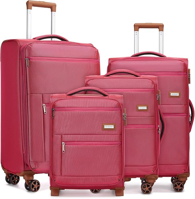 LARVENDER Luggage Sets 4 Piece, Softside Carry On Luggage Suitcase Set with 360° Spinner Wheels for Women Men(28/24/20/18) Rose Red