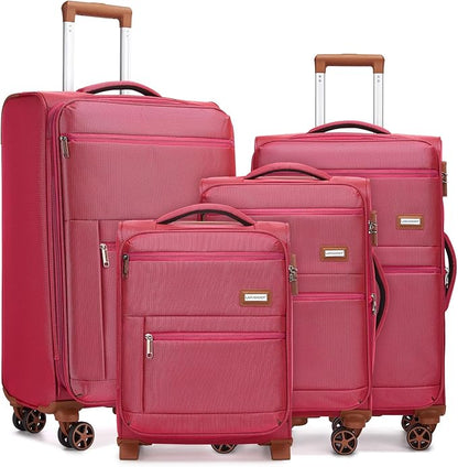LARVENDER Luggage Sets 4 Piece, Softside Carry On Luggage Suitcase Set with 360° Spinner Wheels for Women Men(28/24/20/18) Rose Red