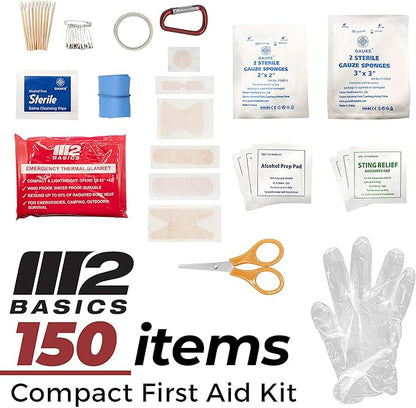 M2 BASICS Premium 150-Piece Mini Emergency First Aid Kit for Car, Backpack, Travel & Outdoors – Compact Medical Supplies for Camping, Hiking & Home