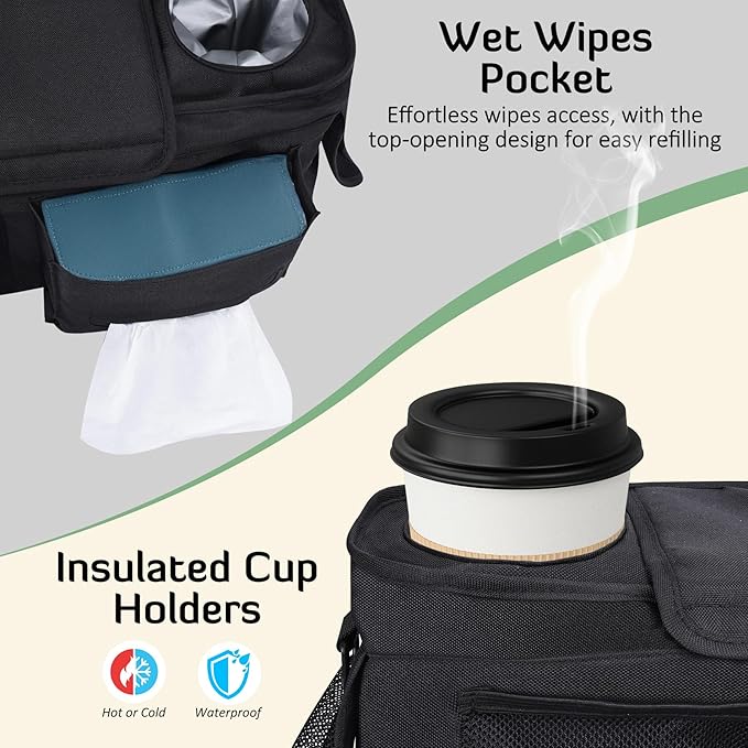 INFANZIA Universal Stroller Organizer with Insulated Cup Holders, Adjustable Stroller Caddy with Phone Bag & Shoulder Strap, Baby Stroller Accessories Fits for Uppababy, Doona, Jogger, Britax (Black)