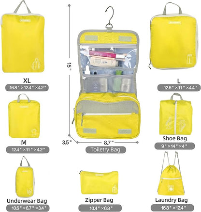 8 Set Expandable Compression Packing Cubes for Suitcases Travel Essentials Carry On Waterproof Storage Bag With Dry And Wet Separation Yellow