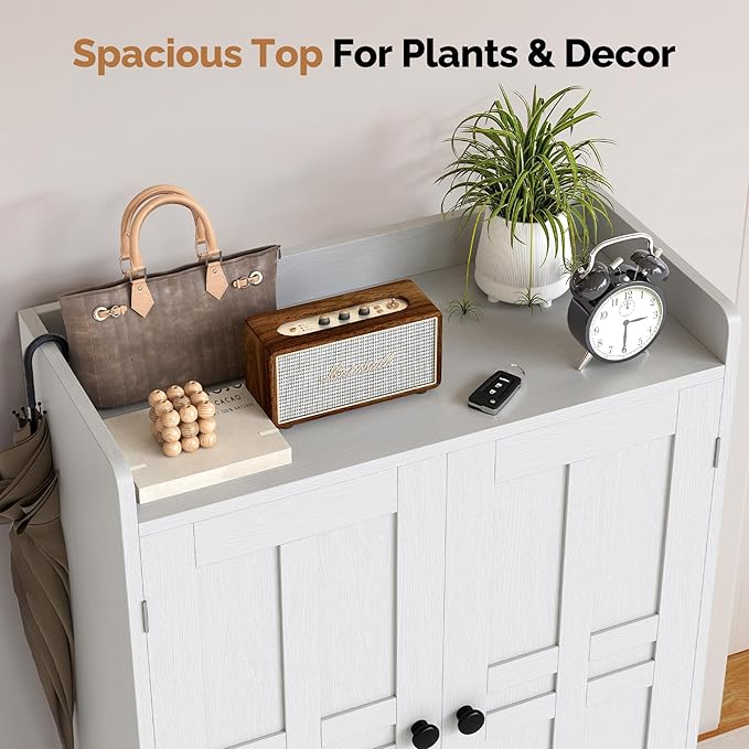 Entrance Shoe Cabinet with Doors,6-Tier Farmhouse Shoe Storage Organizer with Adjustable Shelves Holds 18-26 Pairs and Metal Legs, Entry Organizer Entryway, Living Room (White)