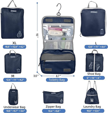 8 Set Expandable Compression Packing Cubes for Suitcases Travel Essentials Carry On Waterproof Storage Bag With Dry And Wet Separation Dark Blue