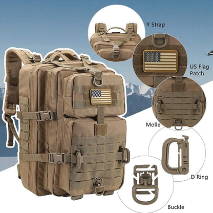 MOLLE Assault Pack, Tactical Backpack Military Army Camping Rucksack, 3-Day Pack Trip w/USA Flag Patch, D-Rings, Coyote