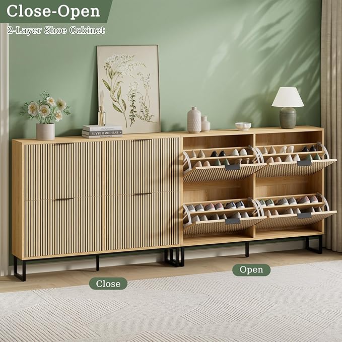 Shoe Cabinet Storage with 4 Flip Drawers, Narrow Hidden Shoe Organizer Cabinet for Entryway, Modern Freestanding Slim Shoe Rack Organizer Shoe Cupboard for Hallway, Natural Wood