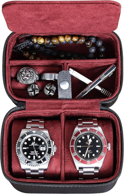 ROTHWELL 2 Watch Travel Case Storage Organizer for 2 Watches | Tough Portable Protection w/Zipper Fits All Wristwatches & Smart Watches Up to 50mm (Black/Red)
