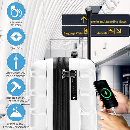 Flight Knight 21.5x15.5x9" Expandable Carry On Suitcase Hardside TSA Lock & USB C Port Lightweight Luggage Silent Double Spinner Wheels Maximum Canada Air Overhead Carry-On Bag Many Airlines Approved