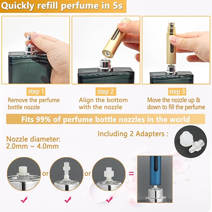 Perfume Travel Refillable Bottle - 2-Pack 5ML Pocket Perfume Atomizer, Travel Perfume Atomizer Refillable Perfume Spray Bottle (Black & Gold)
