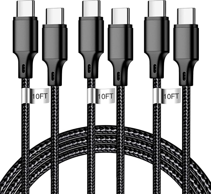 cugunu USB C to USB C Charger Cable, 3Pack 60W 10FT Type C Fast Charging Cord Compatible for iPhone 15/16/17/Pro/Max/Plus, iPad, MacBook-Black