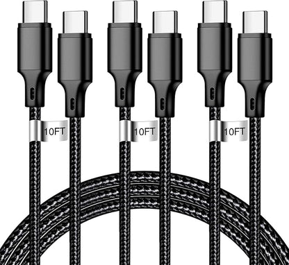 cugunu USB C to USB C Charger Cable, 3Pack 60W 10FT Type C Fast Charging Cord Compatible for iPhone 15/16/17/Pro/Max/Plus, iPad, MacBook-Black