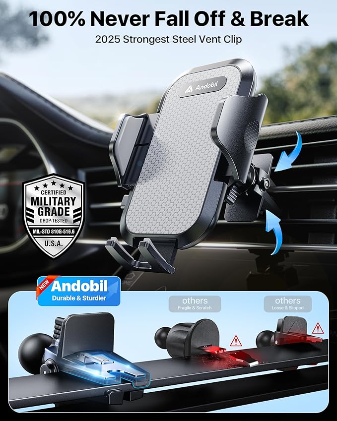 andobil Car Phone Holder, 2025 Military-Grade 89lbs Strongest Suction Phone Holders for Your Car Dashboard/Windshield/Vent Easy Clamp Cellphone Holder Truck Stand for iPhone 17 16 15 Pro Samsung Grey