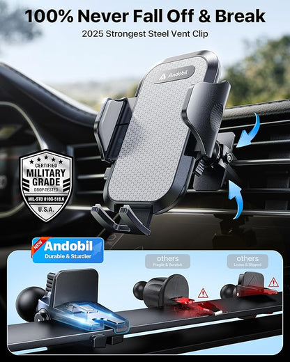 andobil Car Phone Holder, 2025 Military-Grade 89lbs Strongest Suction Phone Holders for Your Car Dashboard/Windshield/Vent Easy Clamp Cellphone Holder Truck Stand for iPhone 17 16 15 Pro Samsung Grey