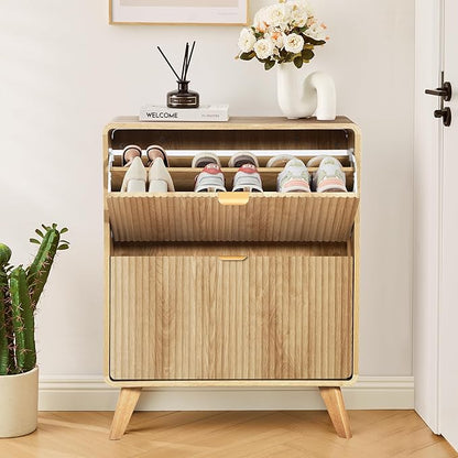 RARZOE Fluted Shoe Storage Cabinet with 2 Flip Drawers, Narrow Curved Shoe Cabinet for Entryway, Freestanding Wood Hidden Shoe Organizer Closed Shoe Rack Cabinet for Foyer,Hallway (27.5''Natural)