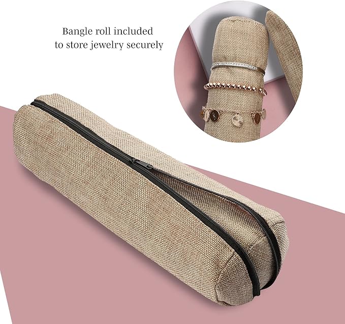 Novel Box Burlap Faux Leather Bangle/Bracelet/Watch Roll 12.25x3x3 Inches with Matching Zipper Pouch - Portable Organizer Pouch with Removable Roll Insert for Travel, Retail & Personal Use