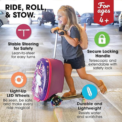 KIDDIETOTES Ride-On Scooter Suitcase for Kids – Hardside Lightweight Carry-On Luggage with Foldable Scooter, LED Wheels, Travel Fun for Toddlers & Children