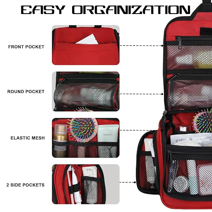 Goloni Hanging Toiletry Bag with Hook, Large Makeup Bag Travel Organizer, Water-Resistant Hanging Cosmetic Bag with 10 Compartments for Women & Men,Red