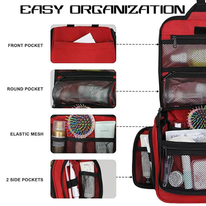 Goloni Hanging Toiletry Bag with Hook, Large Makeup Bag Travel Organizer, Water-Resistant Hanging Cosmetic Bag with 10 Compartments for Women & Men,Red