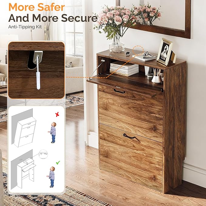VINGLI Shoe Cabinet Storage for Entryway Ultra Slim with 2 Flip &1Drop-Down Drawers, 24.8" W Narrow Shoe Cabinet for Front Door Entrance,Freestanding Walnut Wood Shoes Organizer for Hallway