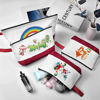 10 Pieces Cotton Canvas Makeup Bag with Bottom and Strap, Multi-Purpose Cosmetic Bag with Zipper Travel Toiletry Pouch, Blank DIY Craft Bag (White&Red, L)