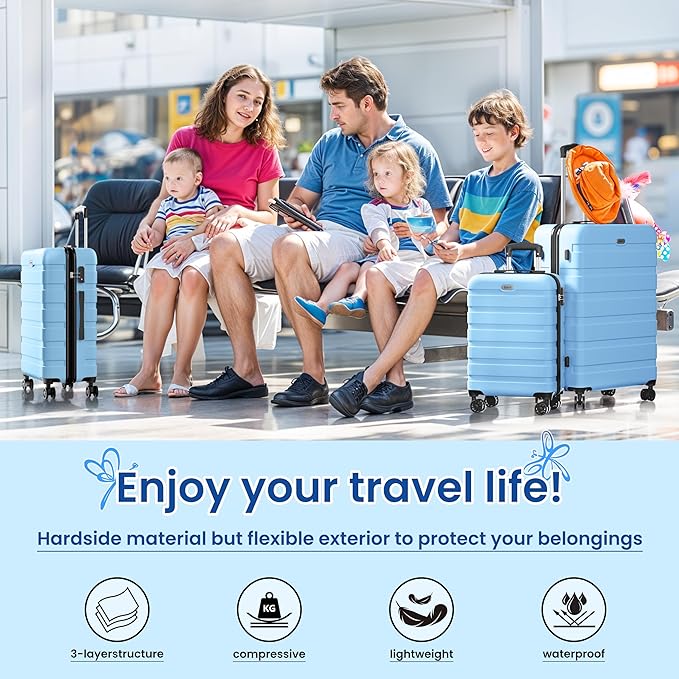 AnyZip Luggage Sets 4 Piece Hardshell Suitcase Set PC ABS Lightweight Travel Suitcases with 4 Double Spinner Wheels TSA Lock 20 24 28 32 Inch Light Blue