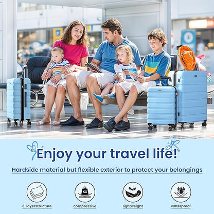 AnyZip Luggage Sets 4 Piece Hardshell Suitcase Set PC ABS Lightweight Travel Suitcases with 4 Double Spinner Wheels TSA Lock 20 24 28 32 Inch Light Blue