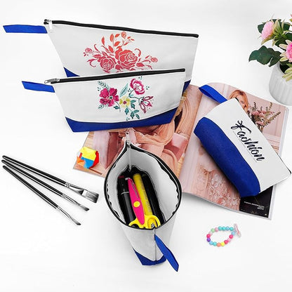 10 Pieces Cotton Canvas Makeup Bag with Bottom and Strap, Multi-Purpose Cosmetic Bag with Zipper Travel Toiletry Pouch, Blank DIY Craft Bag (White&Blue, S)