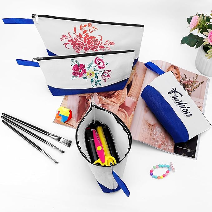 10 Pieces Cotton Canvas Makeup Bag with Bottom and Strap, Multi-Purpose Cosmetic Bag with Zipper Travel Toiletry Pouch, Blank DIY Craft Bag (White&Blue, M)
