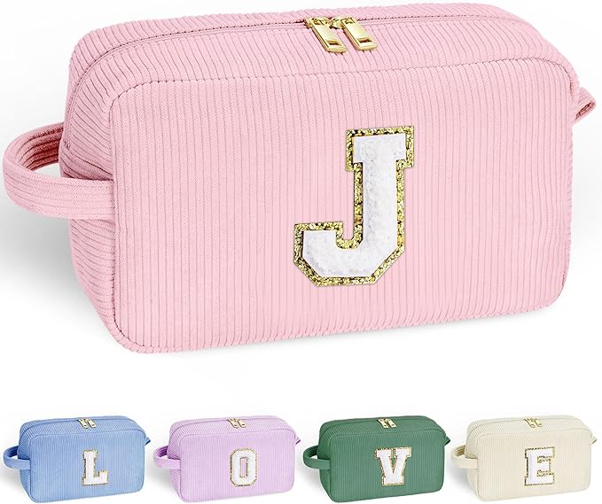 YOOLIFE Birthday Gifts for Girls Kids - Cute Makeup Bag Preppy Bridal Shower Gift Pink Makeup Bag Personalized Gifts for Friend Sister Mom Gift Girls Pink Letter J