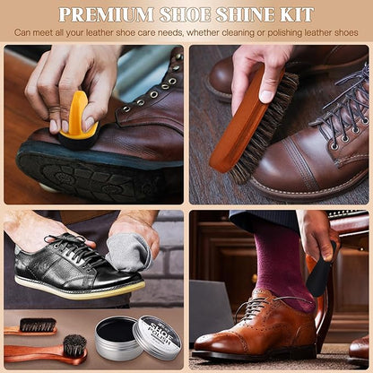17Pcs Leather Shoe Polish Set Travel Boots Shine Care Kit Horsehair Brushes for Men Him Husband Dad (Style A)