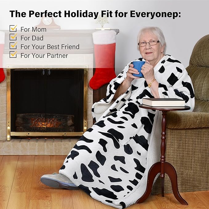 Catalonia Cow Print Sherpa Wearable Blanket Poncho for Adult Women Men, Wrap Blanket Cape with Pocket, Warm, Soft, Cozy, Snuggly, Comfort Gift