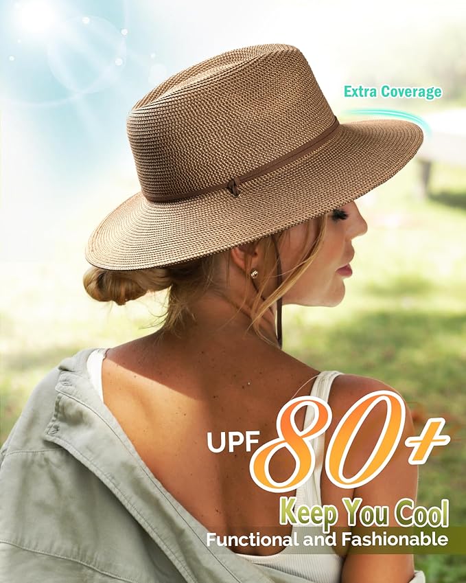 FURTALK Womens Summer Straw Sun Hats Wide Brim Panama Fedora Beach Hat with Wind Lanyard UPF 80+