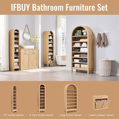 67" Tall Arched Bathroom Storage Cabinet, 8-Tier Modern Farmhouse Storage Cabinet with Adjustable Shelves, Wood Freestanding Cabinet for Bathroom, Living Room, Entryway, Hallway (Natural)