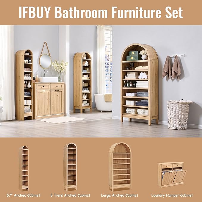 71" Tall Arched Bathroom Storage Cabinet, 8-Tier Modern Farmhouse Storage Cabinet with Adjustable Shelves, Wood Freestanding Cabinet for Bathroom, Living Room, Entryway, Hallway (Natural)