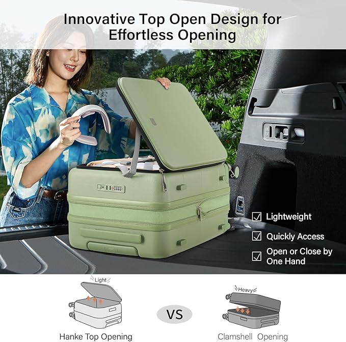 Hanke Hardside Expandable Checked Luggage, 24 Inch Top Opening Trunk Luggages with Spinner Wheels, All-PC Hard Shell Suitcase, Lightweight TSA Checked-Medium(Bamboo Green, 83L)