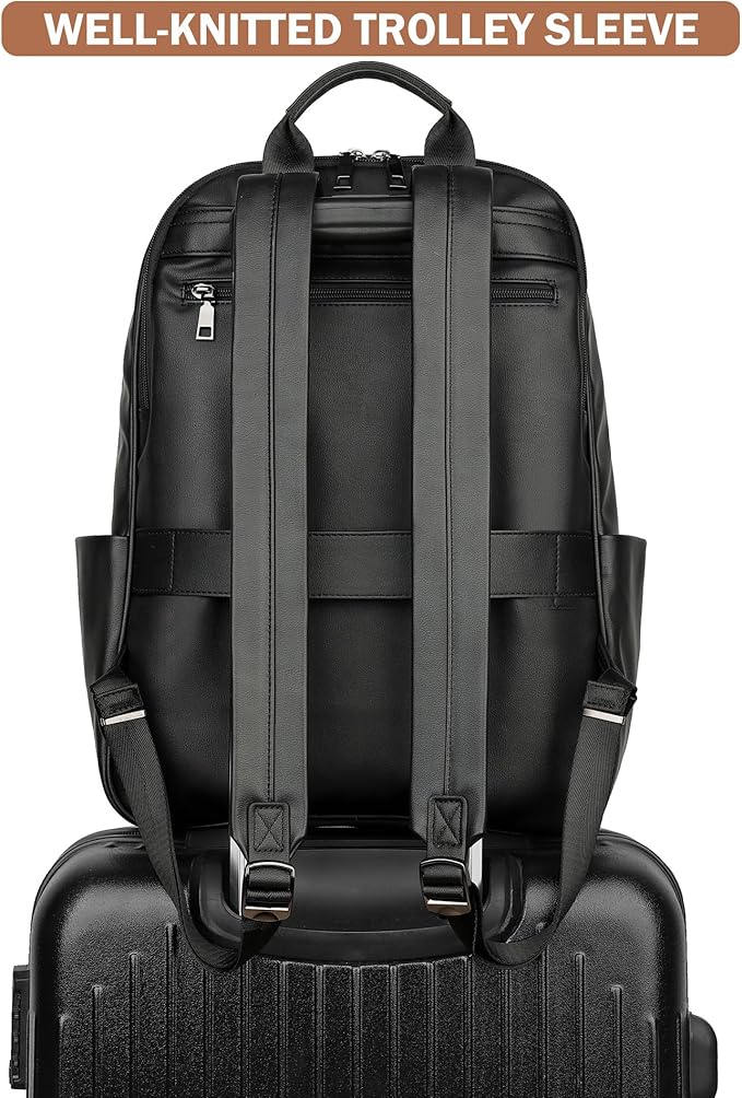 MASINTOR 15.6 inch Leather Laptop Backpack Purse for Women, Designer Travel and Work Bag with Laptop Compartment Black