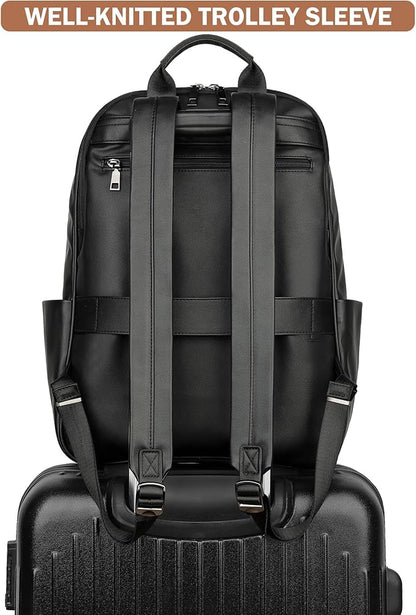 MASINTOR 15.6 inch Leather Laptop Backpack Purse for Women, Designer Travel and Work Bag with Laptop Compartment Black