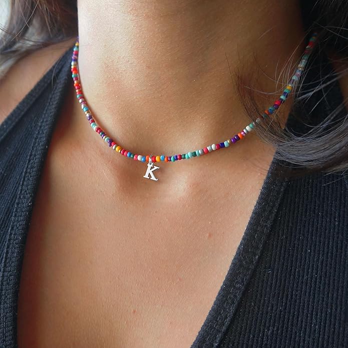 Yoosteel Christmas Gifts for Teen Girls Grandkids - Colorful Beaded Initial Necklace for Girls Jewelry A-Z Letter Choker Necklace Birthday Gifts Stocking Stuffers for Teenage Girl Women Gifts